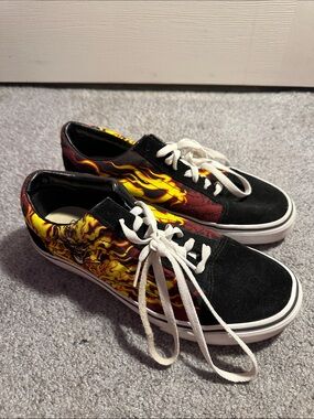 Vans Black Low-Top Sneakers with Yellow and Orange Flame Detail